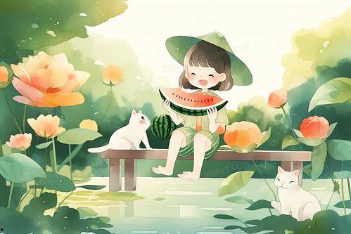 荷塘吃瓜绘画,一幅夏日田园画卷